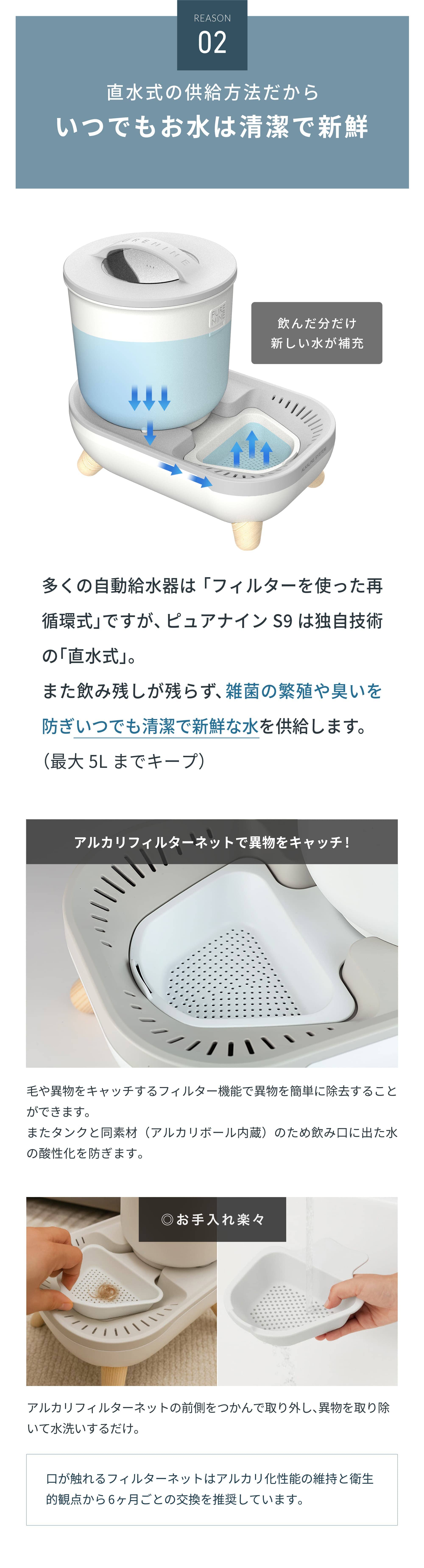直水式の供給方法だからいつでもお水は清潔で新鮮多くの自動給水器は「フィルターを使った再循環式」ですが、ピュアナインS9は独自技術の「直水式」。また飲み残しが残らず、雑菌の繁殖や臭いを防ぎいつでも清潔で新鮮な水を供給します。（最大5Lまでキープ）