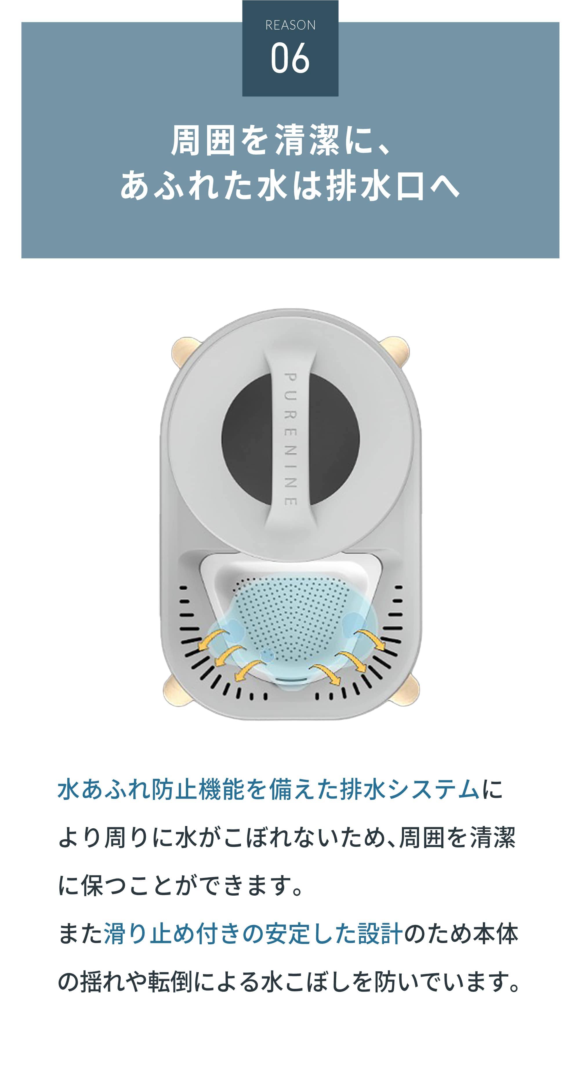 周囲を清潔に、あふれた水は排水口へ水あふれ防止機能を備えた排水システムにより周りに水がこぼれないため、周囲を清潔に保つことができます。
また滑り止め付きの安定した設計のため本体の揺れや転倒による水こぼしを防いでいます。